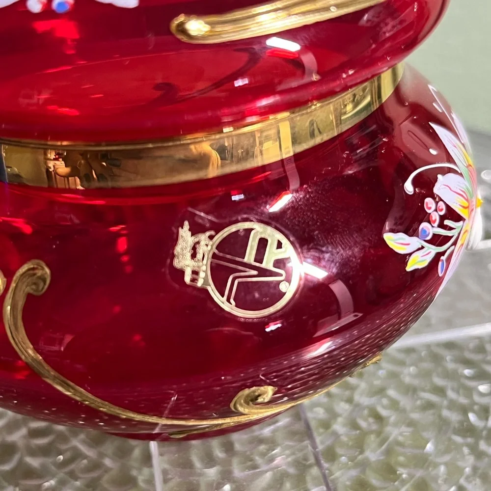 Authentic Bohemian Czech Ruby Red Cased Glass Jar Hand Painted 24K Gold